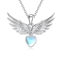 Angel Wings Necklace 925 Sterling Silver, Guardian Angel Wing with Moonstone Heart Dangling Jewelry Birthday Gift for Women Girls