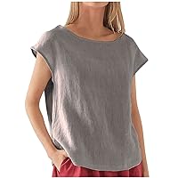 Womens Cotton Linen Casual Blouse Crewneck Cap Sleeve Summer Tops Solid Color Basic Loose Fit Plus Size Tee Shirts