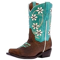 Kids Teal Western Cowboy Boots Flower Embroidery Leather Point Toe