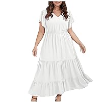 Women's Summer Plus Size Boho Dress Casual Loose Plain Flutter Short Sleeve Ruffle Tiered Flowy A Line Maxi Dresses White