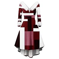Cocktail Dresses 2023 for Women Elegant A Line Fleece Patchwork with Waistband Long Sleeve V Neck Flowy Dress