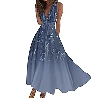 Summer Maxi Dress, Maternity Dresses Knit Dress Boho Waist Retraction Printed Ladies V Neck Casual Sleeveless Fashion Maxi Womens Waist Retraction Loose Long Dress Floral Long (Dark Blue,3X-Large)