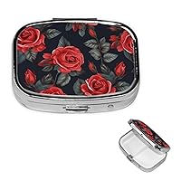 Pill Box 3 Compartment Square Small Pill Case Travel Pillbox for Purse Pocket Beautiful Red Rose Flowers Metal Medicine Organizer Portable Pill Container Holder to Hold Vitamins Medication Supplements