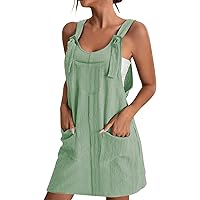 Women Plus Size Overall Dress Summer Casual Scoop Neck Sleeveless Suspender Short Overall Dress with Front Patch Pockets