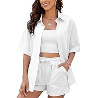PEHMEA Women's 2 Piece Outfits Summer Cotton Linen Button Down Shirt Top High Waisted Shorts Set Tracksuit
