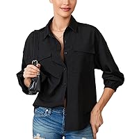 Women’S Casual Button Down Lapel Shirts Solid Color Long Sleeve Loose Tops Spring Fall Blouses with Pockets Office Clothing