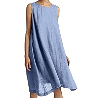 Women's Summer Casual Sleeveless Cotton Line Sun Dresses Maxi Tunic Tank Beach Dress Loose Mid Length Dress