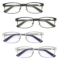 Mens Reading Glasses 4 Pack Readers for Men Comfort Reader Rectangle Metal Stainless Steel Eyeglasses with Flexible Spring Hinge in Black Silver Color