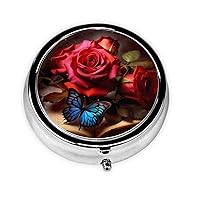 Beautiful Flower Butterfly Roses Print Pill Box Round Pill Case 3 Compartment Portable Pill Organizer Mini Metal Pill Container for Vitamins Medication Supplements Purse Pocket Travel
