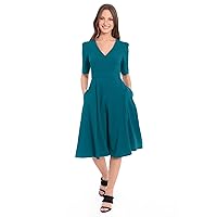 Donna Morgan Women's Stretch Crepe Elbow Sleeve V-Neck Fit and Flare Midi Dress