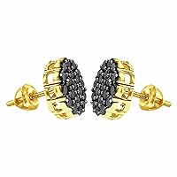 Men Ladies 1Ct Black Diamond Cluster 14k Gold Plated 925 Flower Stud Earrings