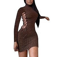 Badycon Dresses for Women Long Sleeve Criss Cross Tie Sexy Dresses Solid Color Cutout Ruched Mini Dress for Party Club