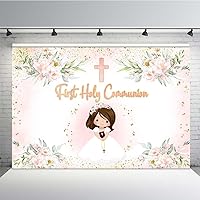MEHOFOND 7x5ft First Holy Communion Backdrop for Girls Mi Primera Comunión Background for Photography Pink Watercolor Florals Happy Birthday Party Banner Supplies Decor Photo Booth Props