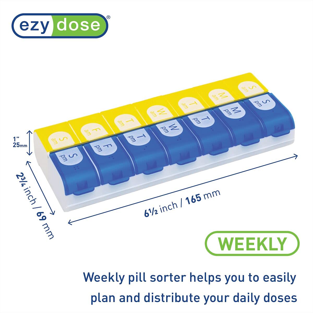 EZY DOSE Weekly (7-Day) Pill Organizer, Vitamin Case, and Medicine Box, 2 Times a Day, AM PM, Large Compartments, Easy Fill All Compartments at Once, Color May Vary