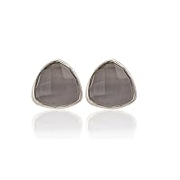 Handmade Gray Cat's Eye Brass Silver Plated Earrings | Trillion Shape & Faceted Cutt Gemstone Earrings | Collet Sett Jewelry | 153516,