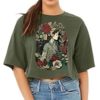 Garden Print Women's Crop Tee Shirt - Themed Cropped T-Shirt - Floral Crop Top