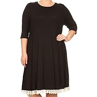 BNY Corner Women Plus Size Solid Fit Flare Crochet Lace Trim Midi Casual Dress