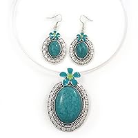 Avalaya Large Teal Green Oval Medallion Flex Wire Necklace & Earrings Set/Silver Tone/Adjustable
