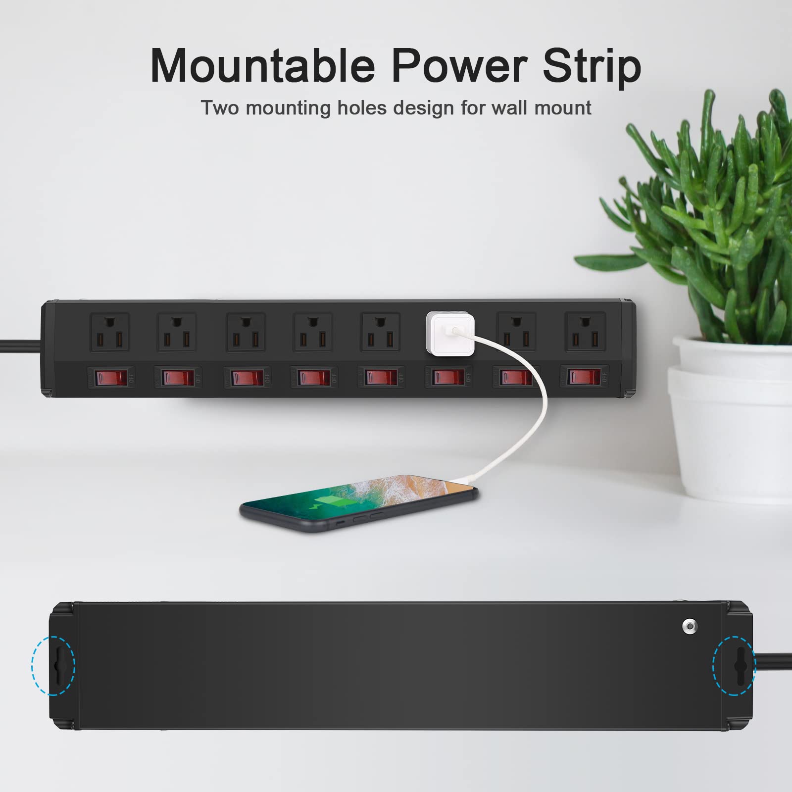 Metal Power Strip Individual Switches 8 Outlets, Heavy Duty Power Strip Surge Protector for Appliances, 6 FT Extension Cord Strip, 1200J Surge Protector 15A 120V 1800W.