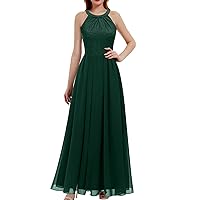 Dressystar Women's Spring Long Formal Dress Wedding Guest Dress 2024 Halter Lace Dress Bridesmaid Cocktail Party Prom Gown