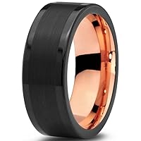 Tungsten Wedding Band Ring 8mm for Men Women 18k Rose Gold Plated Flat Cut Black Grey Brushed Polished