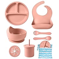Silicone Baby Feeding Set, 10 Pcs Baby Led Weaning Supplies with Suction Bowl Divided Plate Adjustable Bib Soft Spoon Fork Snack Cup with Lid Drinking Cup, Utensil (Brick Red)