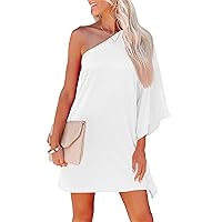 Women's One Shoulder Cape Mini Dress Casual Loose Batwing Sleeve T-Shirt Dress Solid Color Party Club Cocktail Dress