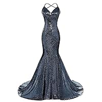 Women's V Neck Mermaid Prom Dress Sequins Spaghetti Straps Formal Evening Dress Navy Blue