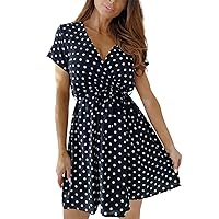 Sexy Black Dresses for Women,Short Sleeve Printed Polka Dot Lace Up Dress Women Summer Business Casual Clothes