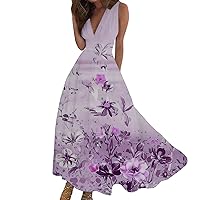 Womens Summer Dresses 2024 Casual Maxi Dress Boho Floral Vintage Dresses Wrap V Neck Flowy Beach Sleeveless Sundress
