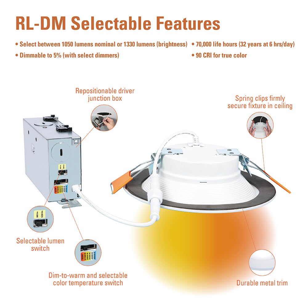 HALO RL 6 inch Canless Recessed Integrated LED Downlight, 900/1200 Selectable Lumens, 5CCT(2700K, 3000K, 3500K, 4000K, 5000K) with Dim to Warm, White