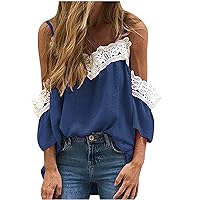 Women Lace Trim Cold Shoulder Tops Adjustable Spaghetti Strap Short Sleeve T-Shirts Summer Trendy Elegant Blouses