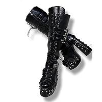 Frankie Hsu Ladies Sexy Chunky Platform Knee High Heeled Boots, Black Rivets Lace Up Goth Buckle Belt Wide Calf Big Large Size US5-19 Shoes For Women Men