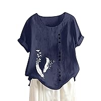Summer Trendy Linen Shirts Dressy Casual Short Sleeve Cute T Shirts Plus Size Vintage Square Neck Floral Blouses
