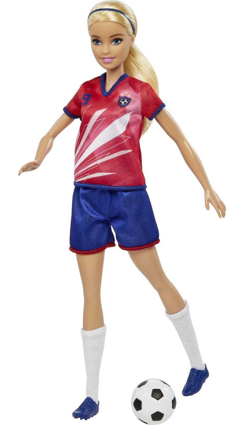 Barbie Soccer Fashion Doll with Blonde Ponytail, Colorful #9 Uniform, Cleats & Tall Socks, Soccer Ball 11.5 inches