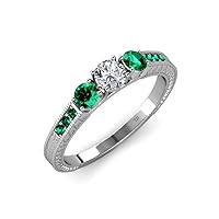 Diamond and Emerald Milgrain Work 3 Stone Ring with Side Emerald 0.83 ct tw in 14K White Gold