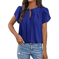 Dokotoo Womens Summer Tops Button Down Crew Neck Short Sleeve Shirts Business Casual Loose Work Chiffon Blouses