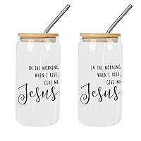 2 Pack Glass Cup with Lids And Straws in The Morning When I Rise, Give Me Jesus Glass Cup Cute Glass Cups Gift for Mom Cups Great For For Iced Coffee Cocktail Tea Juice