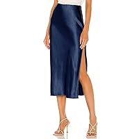 Women's Satin Midi Skirt High Waist Side Split Silk Cocktail Party Skirt Elastic Waistband Flared A-Line Midi Skirts