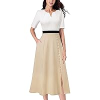 VFSHOW Women Pleated Neck Pockets Buttons Work Office Business A-Line Midi Dress