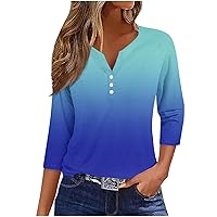 Womens Fashion 3/4 Length Sleeve Tops Casual V Neck Button Up Summer Shirts Loose Fit Dressy Three Quarter Sleeve Blouses