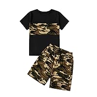 Floerns Boys 2 Piece Outfits Print Short Sleeve Camo Tee Shirt and Drawstring Shorts Set