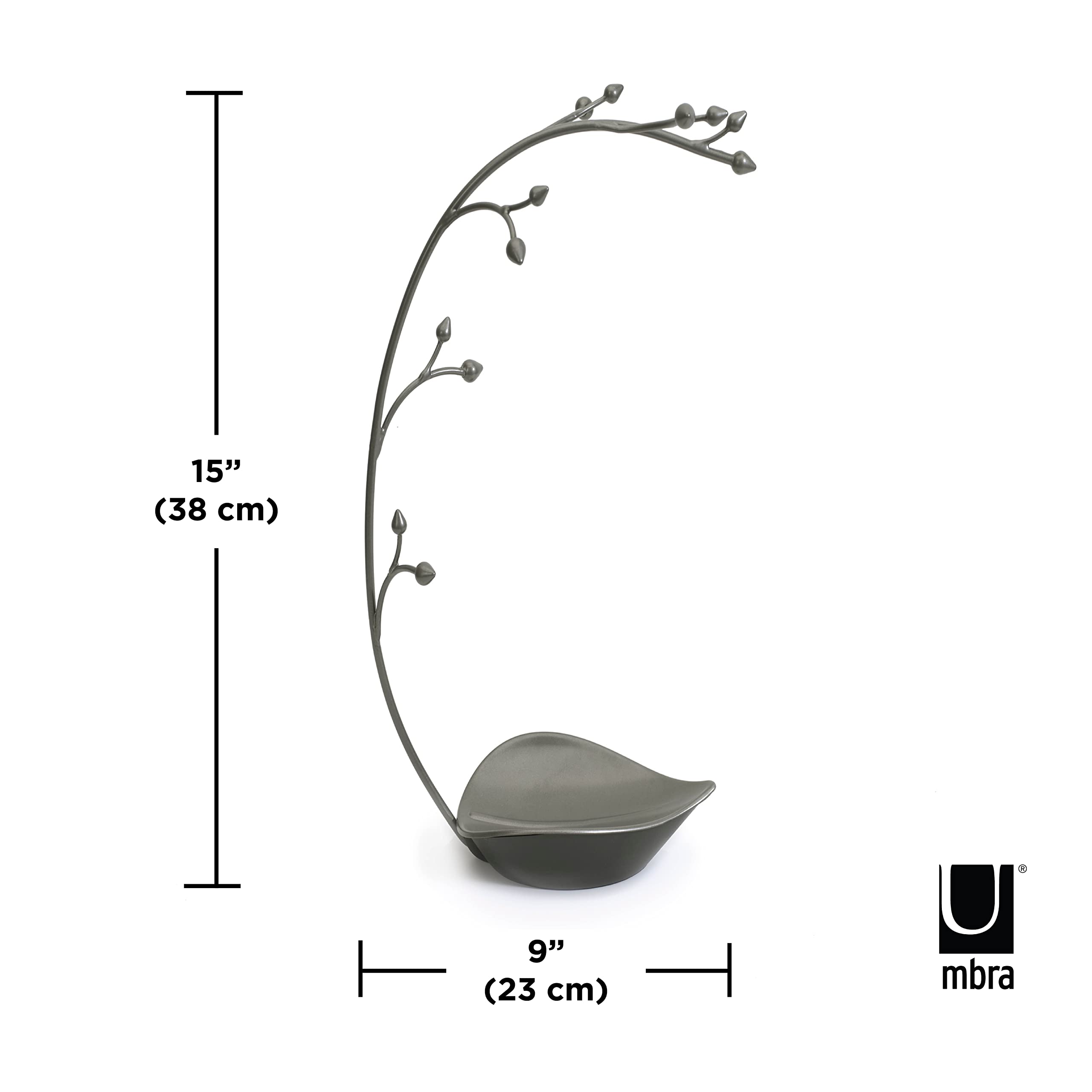 Umbra Orchid Jewelry Hanging Tree Stand - Multi-Functional Necklace Holder Display Organizer Rack With a Ring Dish Tray, Gun Metal, 15