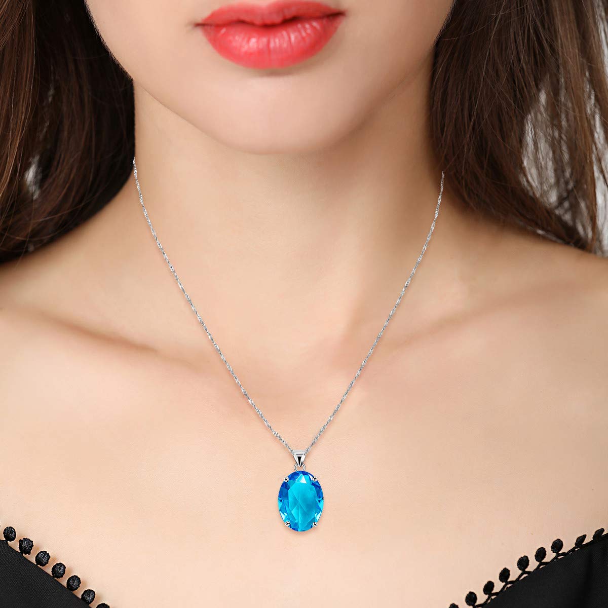 Uloveido Platinum Plated Blue Cubic Zirconia Solitaire Oval Pendant Necklace Birthstone Wedding Party Jewelry for Women Girls Y892