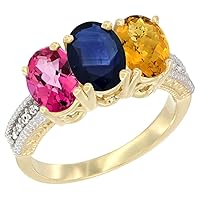 10K Yellow Gold Natural Pink Topaz, Blue Sapphire & Whisky Quartz Ring 3-Stone Oval 7x5 mm Diamond Accent, Sizes 5-10
