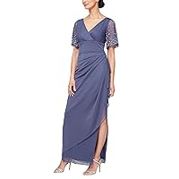 Alex Evenings Women's Flutter Sleeve Long Dress-Elegant A-line Silhouette with Ruched Empire Waist (Petite and Regular Sizes)
