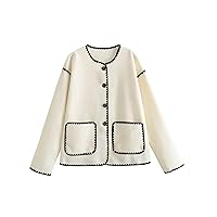 Yeokou Women Wool Blend Jacket Contrast Color Crew Neck Button Down Cardigan Coat Casual Outwear with Pockets(White-M)