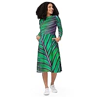 PHNYXPRO | All-Over Print Long Sleeve midi Dress | 2XS-6XL | Leaf Art | Line in Nature 4