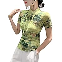 Chinese Style Printed T Shirt Women Stand Collar Buttons Ribbons Thin Skinny Tshirt Short Sleeve