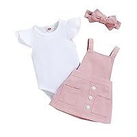 New Born Baby Girl Outfit Infant Girls Fly Sleeve Solid Ribbed Romper Bodysuits Suspenders Skirt Headbands Outfits 5t T Shirt (Pink, 3-6 Months)